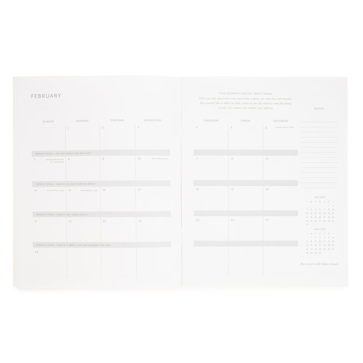 An open planner showing two white pages with minimalist February calendar layouts and writing sections, notes on the side, a monthly focus of 'daily space' and january and march month overview