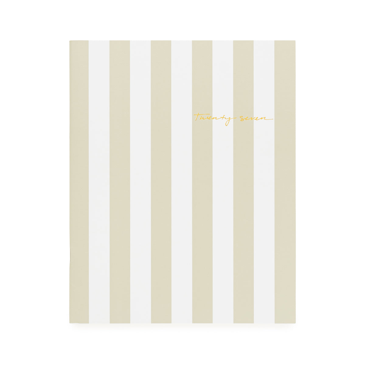 A flat monthly planner with a beige and white stripe pattern with '2027' stamped on cover in gold foil