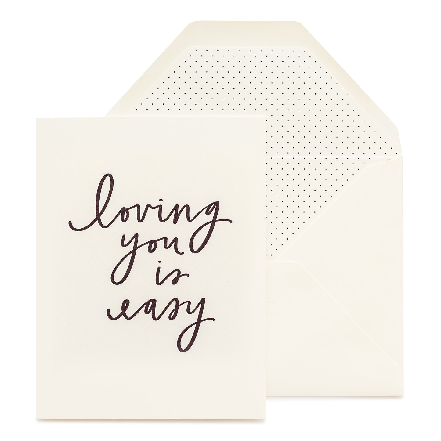 cream card with black text, cream envelope with black pindot liner