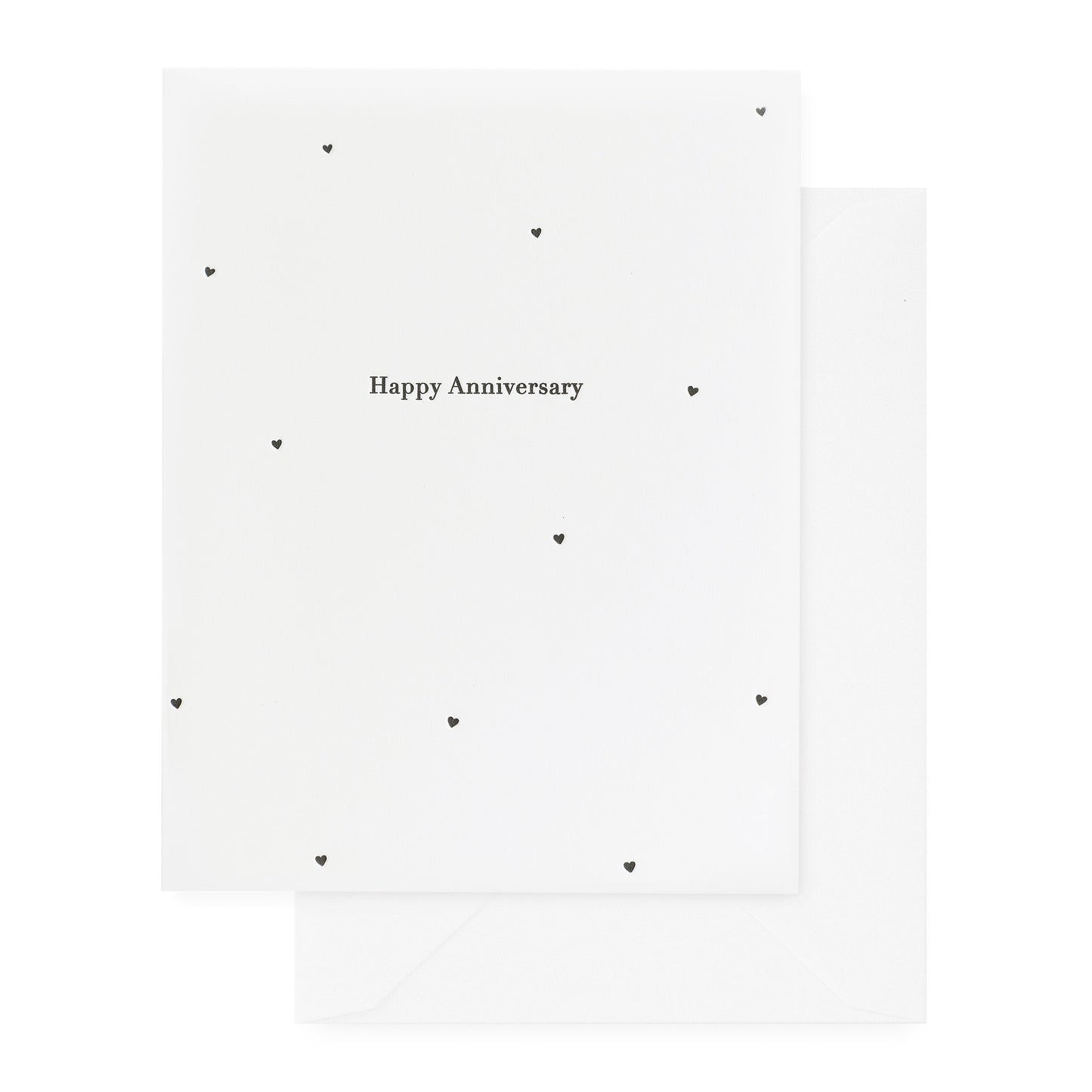 white anniversary card with black text and hearts, white envelope