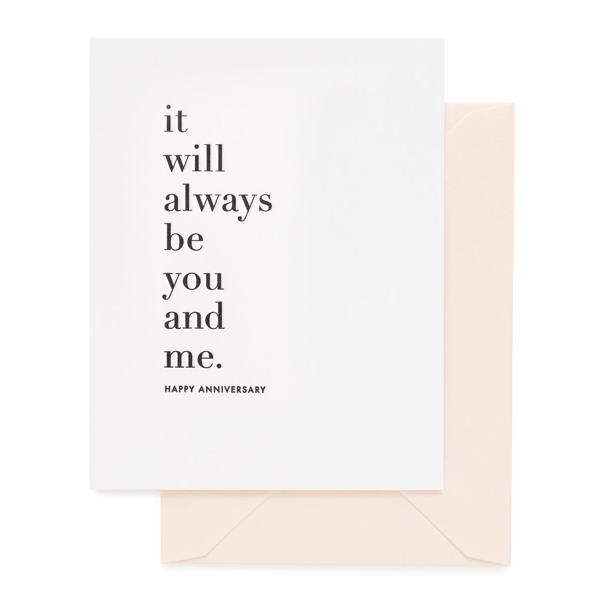 white anniversary card with black text, pale pink envelope
