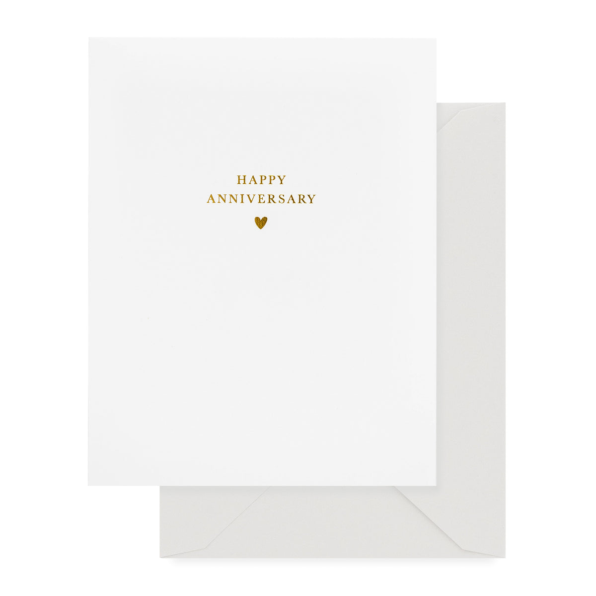white anniversary card with gold foil text and antique grey envelope