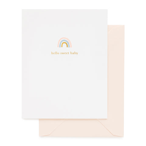 white card with hello sweet baby text and rainbow, pale pink envelope