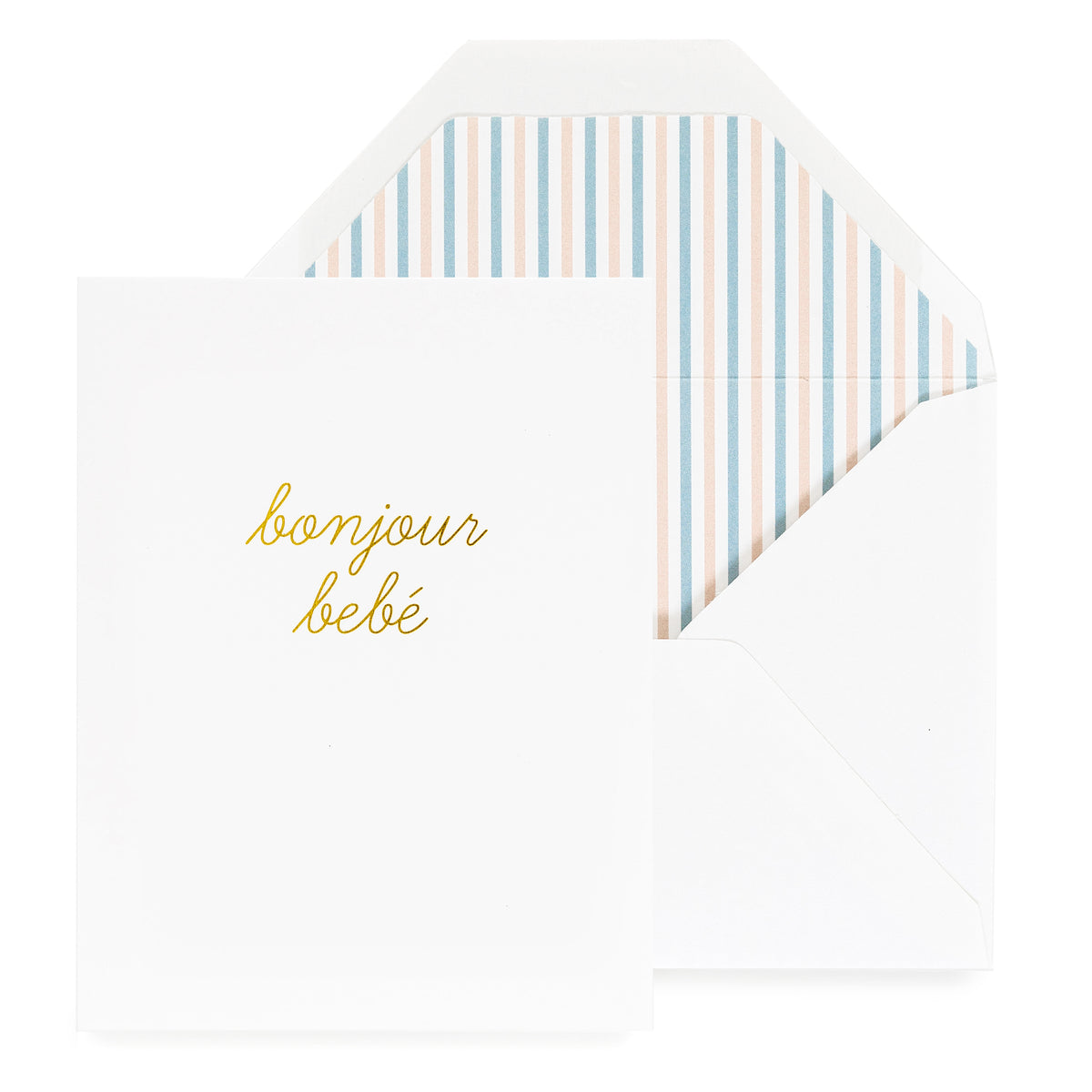 white card with gold bonjour bebe text, white envelope with striped envelope liner