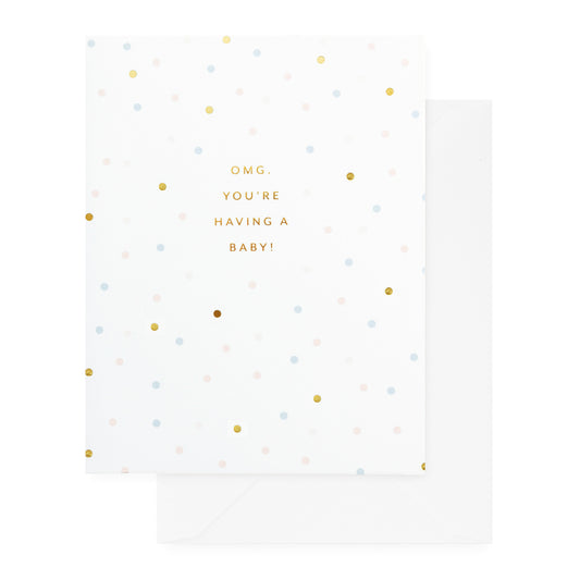 white baby card with dots and gold text, white envelope