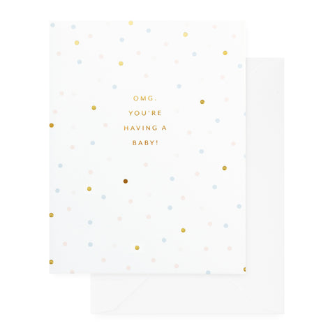 white baby card with dots and gold text, white envelope