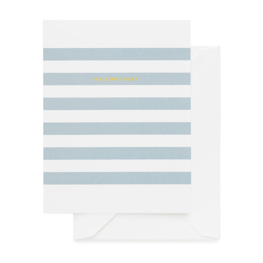 Blue Stripe card gold foil printed with Welcome Baby