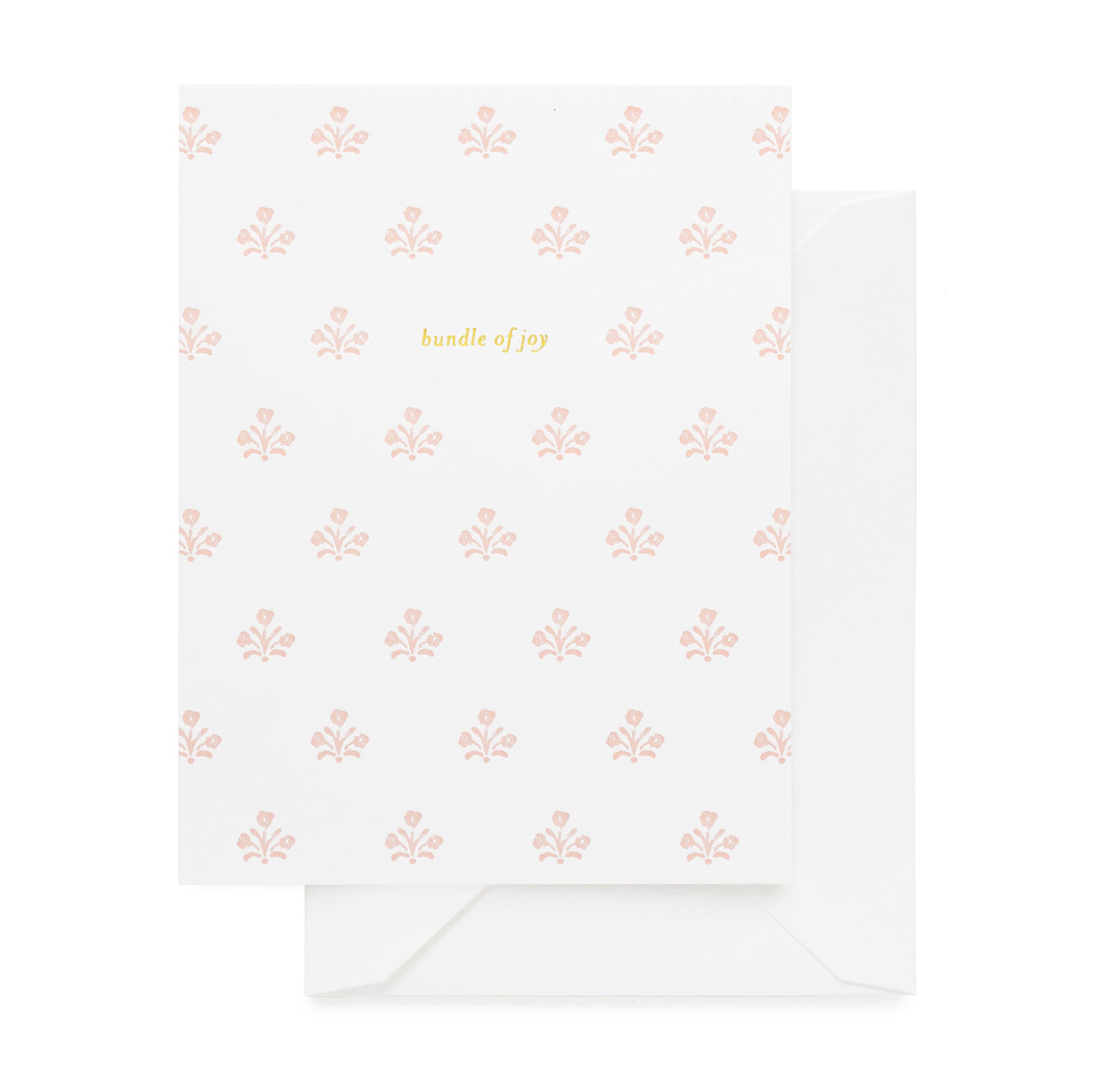 white card with pink floral pattern and gold bundle of joy text