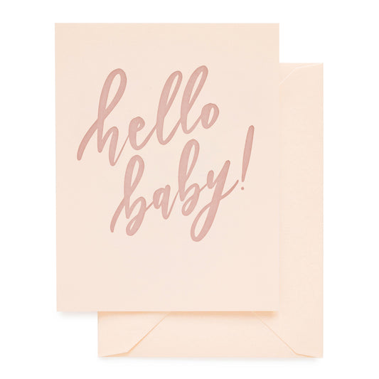 pale pink card with rose hello baby! text