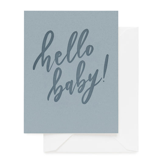 Slate blue card letterpress printed with hello baby in blue