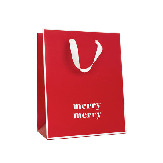 Red and White Merry Merry Gift Bag with White Ribbon Handles