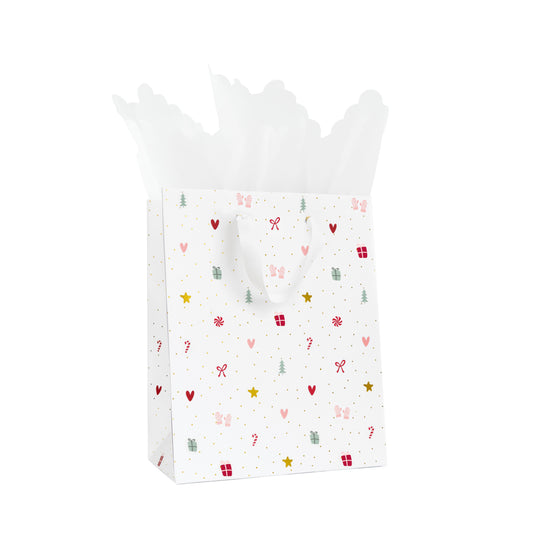 Multicolor Holiday Icon Gift Bag with White Ribbon Handles with white scallop tissue paper