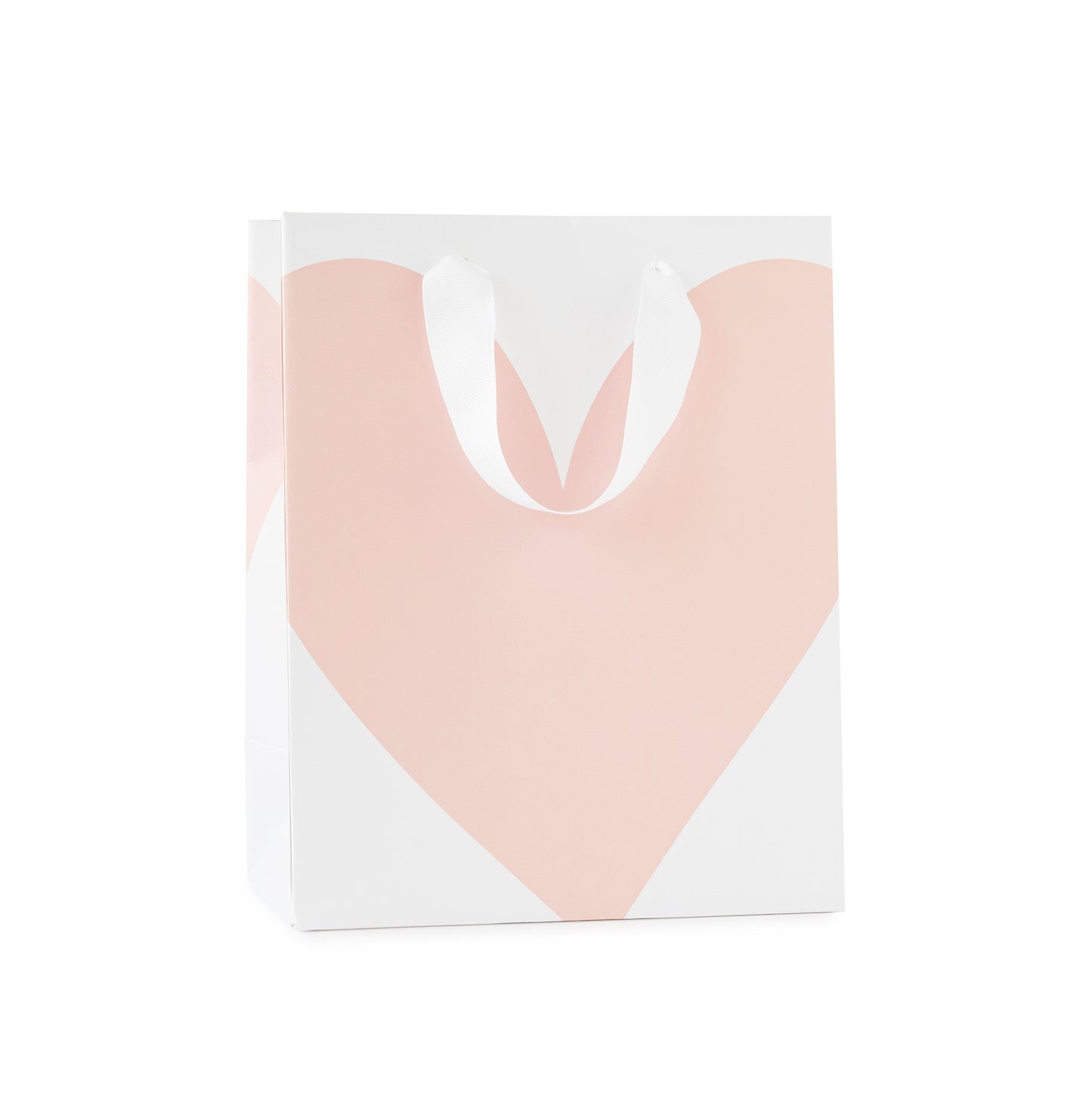 White gift bag with large pink heart and white ribbon handles