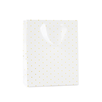 small white gift bag with white ribbon handles with gold foil dot pattern
