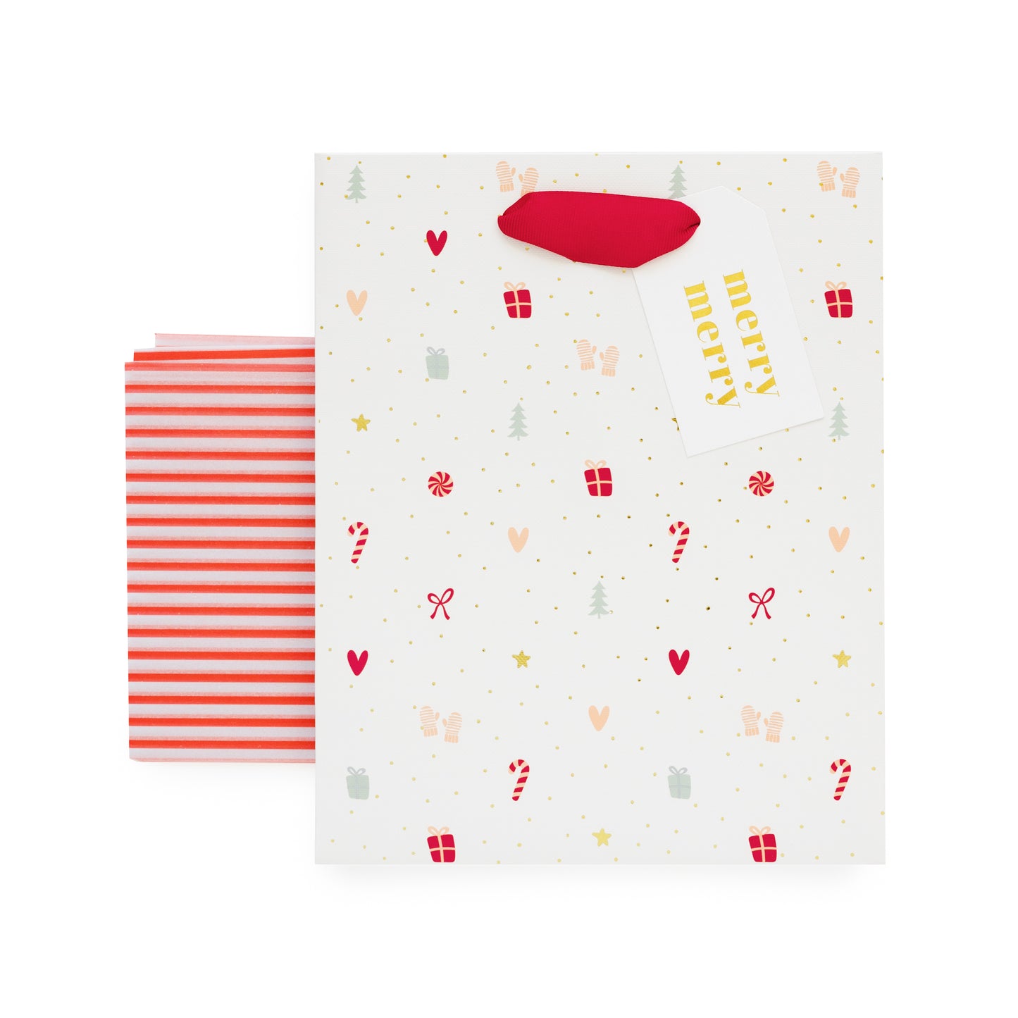 White gift bag with colorful icon pattern with a red grosgrain ribbon and a red stripe tissue paper and gold foil 'merry merry' gift tag