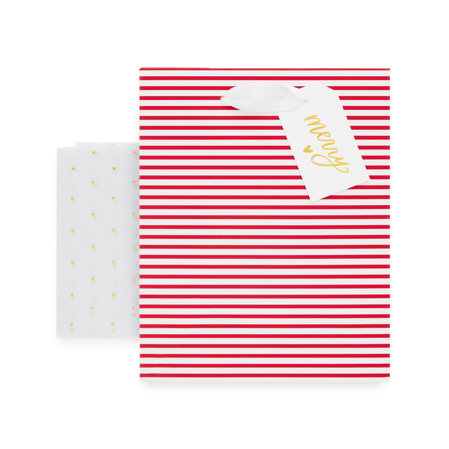Red and white striped gift bag with a white gift tag with 'merry' and a heart printed in gold foil with gold dot tissue paper}