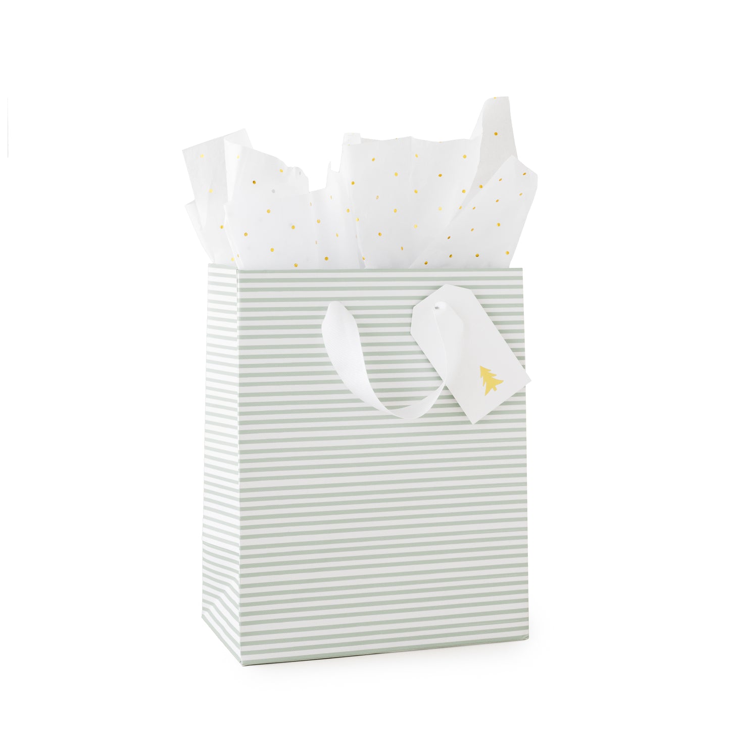 Green stripe gift bag filled with gold foil dot tissue paper with white ribbon handles, white gift tag with gold christmas tree