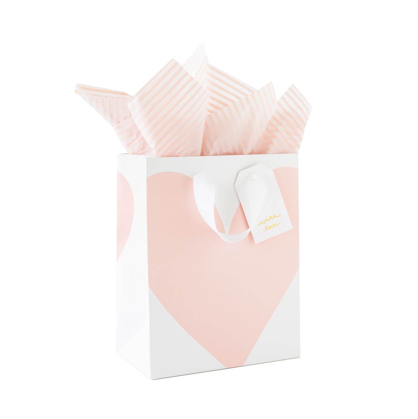 Gift bag with pink heart on a white background with pink stripe tissue paper and a white gift tag with gold foil 'with love'