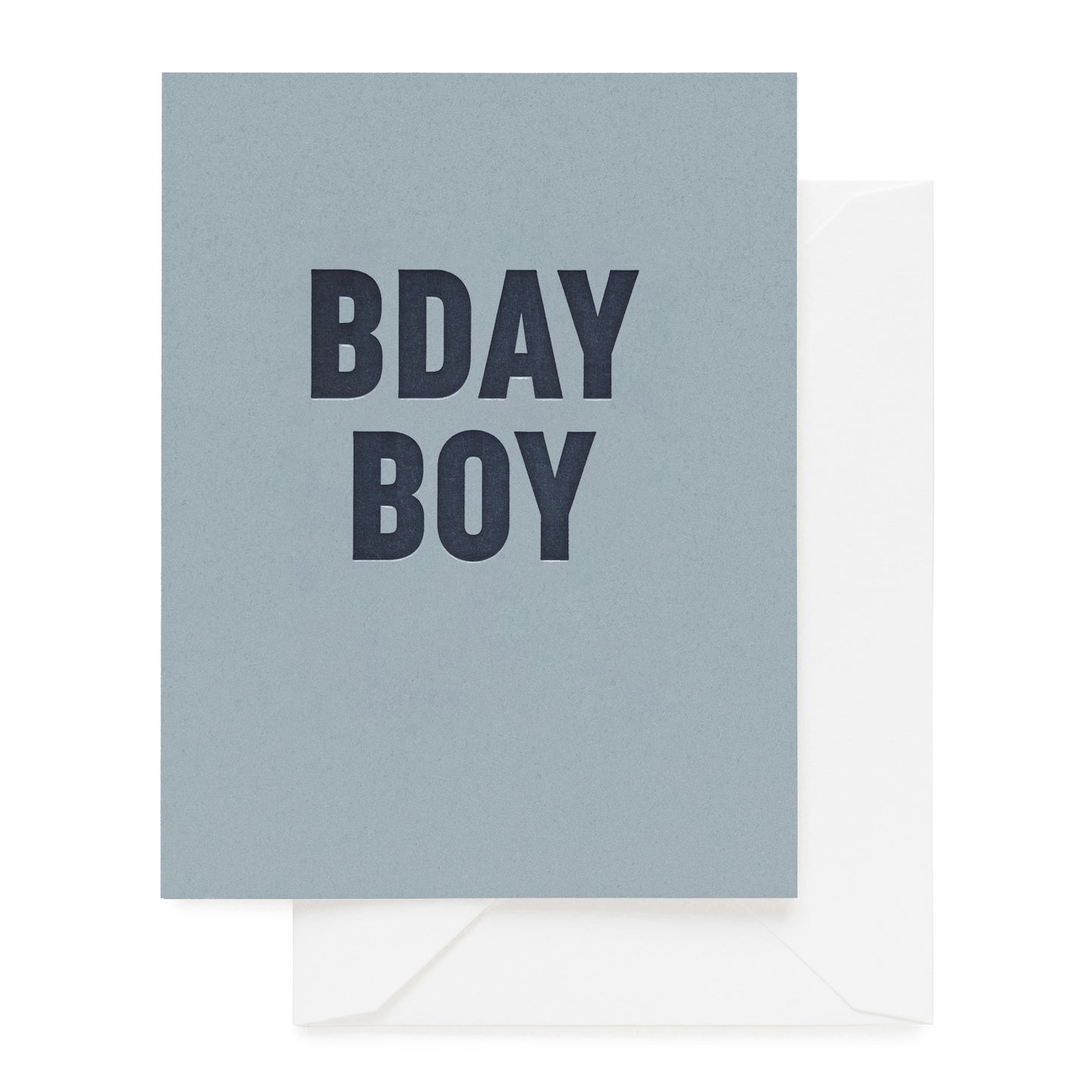 Slate blue card printed in navy ink with bday boy