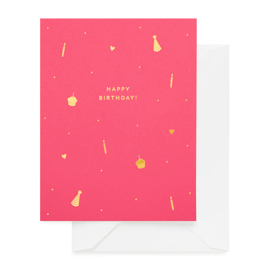 Hot pink happy birthday card with candles and cupcakes