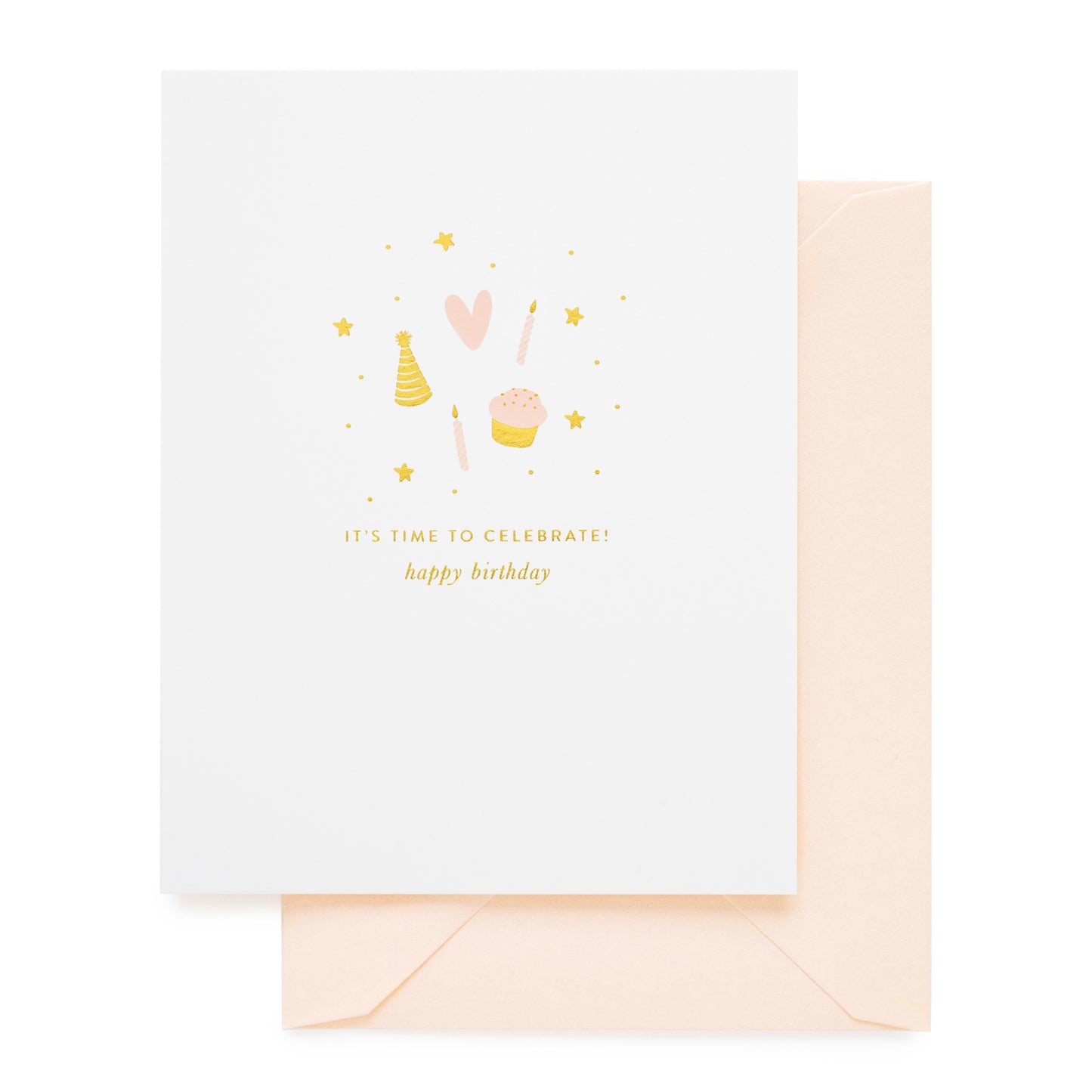 Gold foil and pale pink birthday card with icons