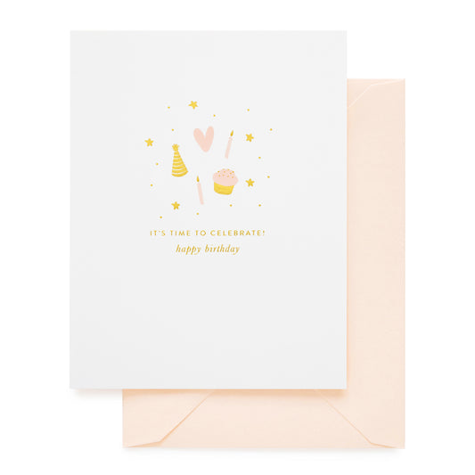 Gold foil and pale pink birthday card with icons