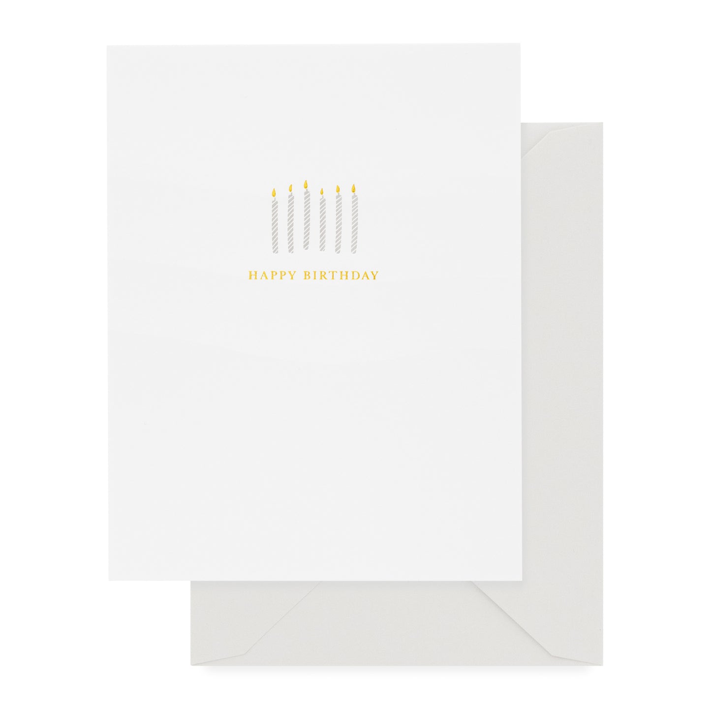 Grey and gold foil birthday candles with gold foil happy birthday printed on white card with grey envelope