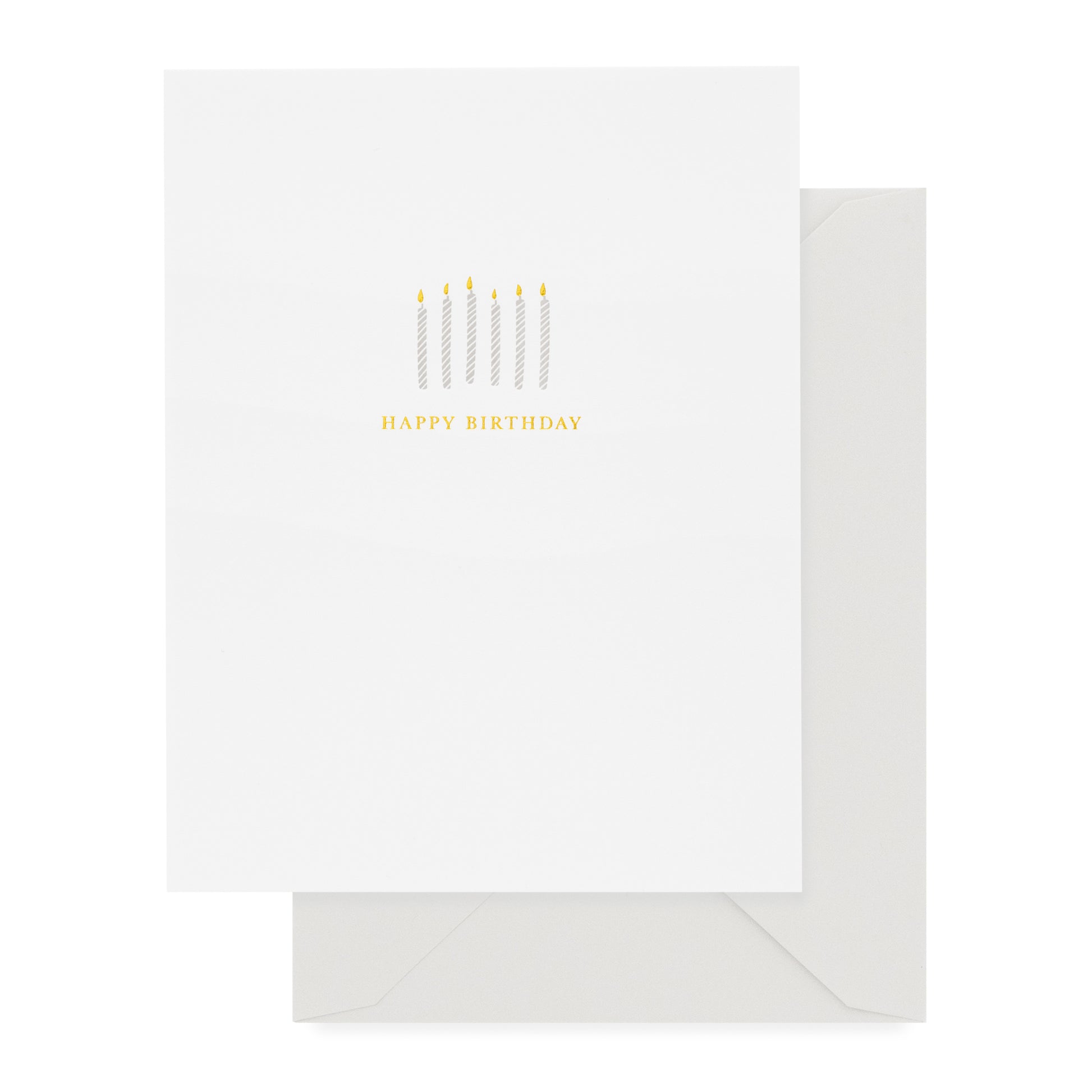 Grey and gold foil birthday candles with gold foil happy birthday printed on white card with grey envelope