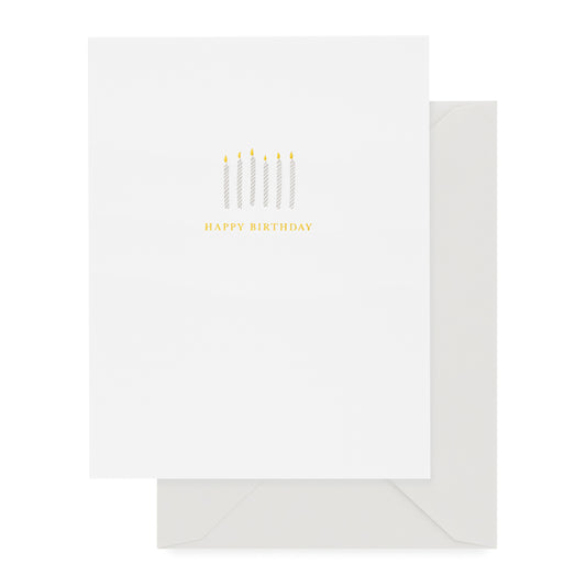 Grey and gold foil birthday candles with gold foil happy birthday printed on white card with grey envelope
