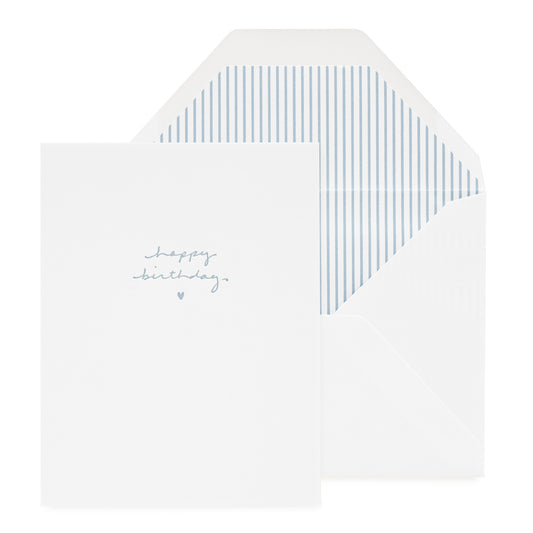 Blue happy birthday script birthday card with blue stripe liner