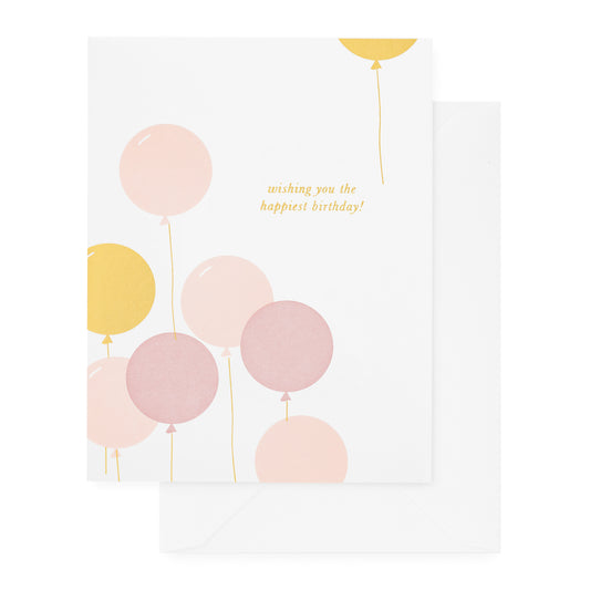 Pink and gold foil birthday balloons card printed with wishing you the happiest birthday