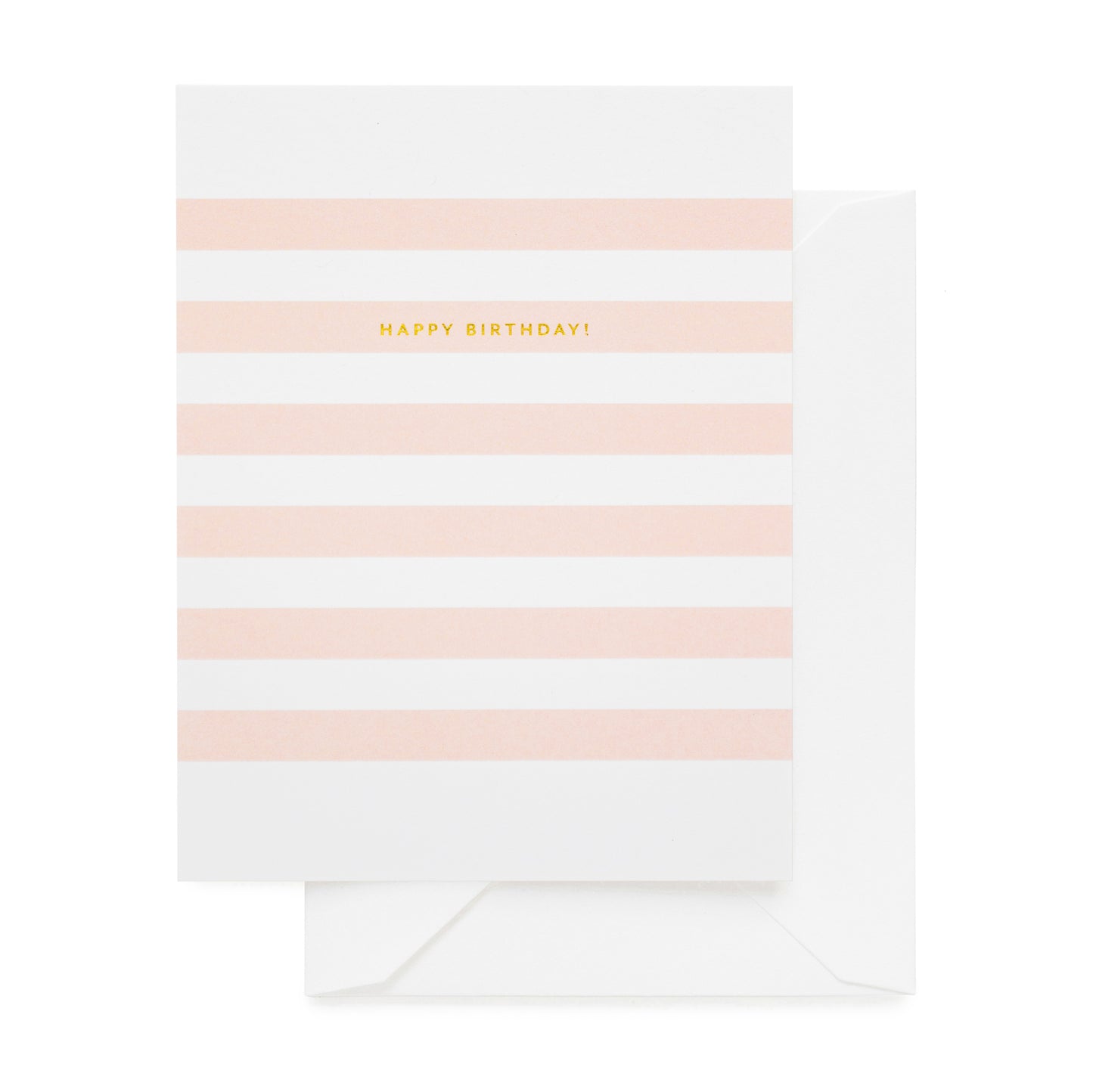 Pale pink striped card printed with happy birthday in gold foil with white envelope