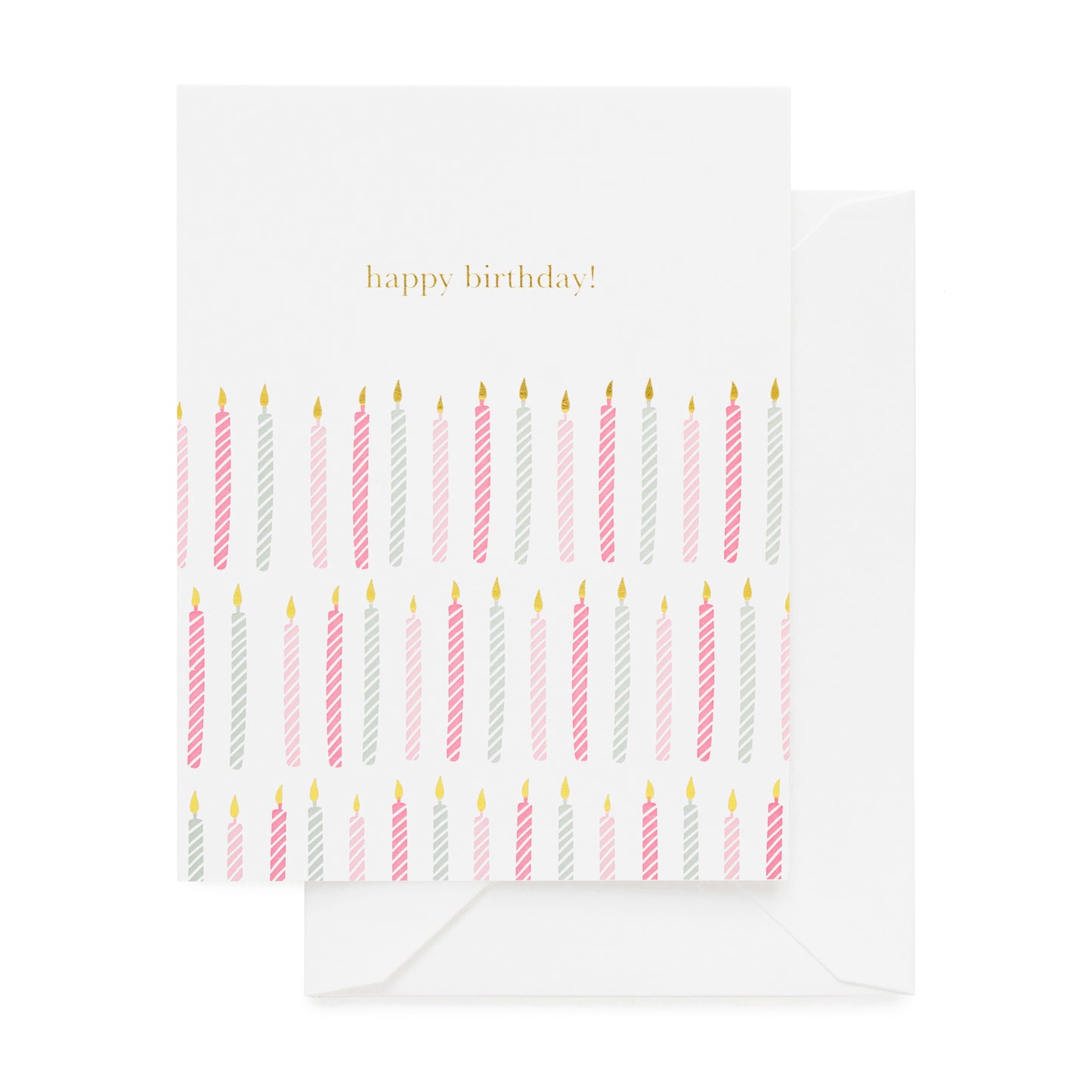 Greeting card with birthday candles design and 'happy birthday!' in pink and blue candles with gold foil