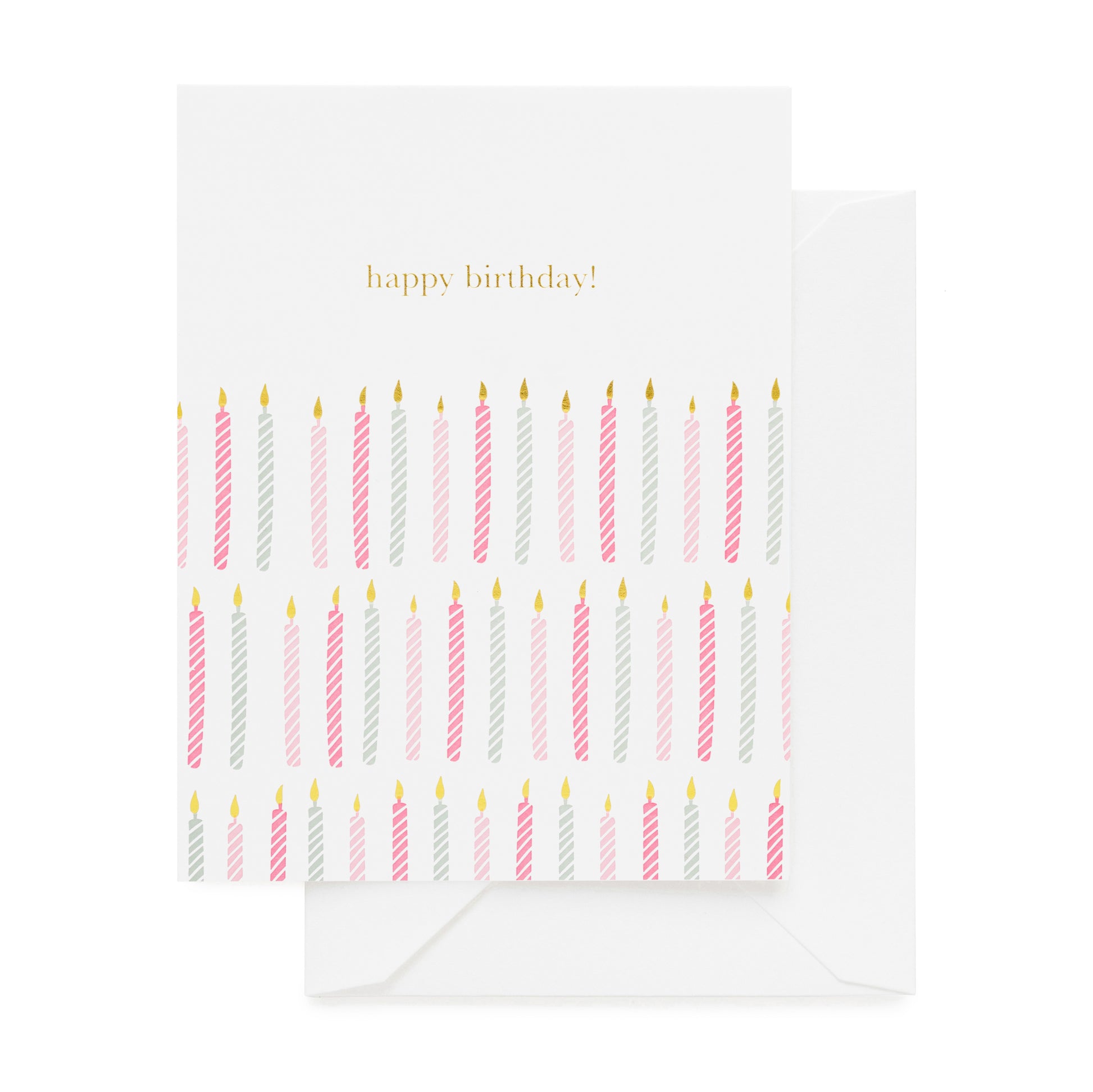 Greeting card with birthday candles design and 'happy birthday!' in pink and blue candles with gold foil