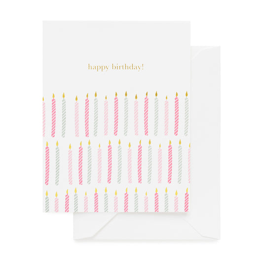 Greeting card with birthday candles design and 'happy birthday!' in pink and blue candles with gold foil