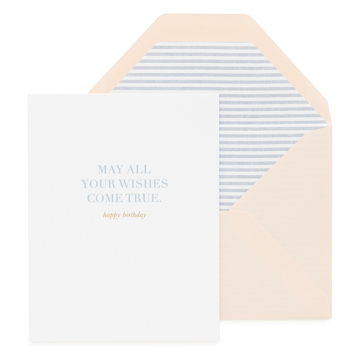 White card with blue text 'may all your wishes come true' and gold foil 'happy birthday' paired with a pink envelope with blue striped liner