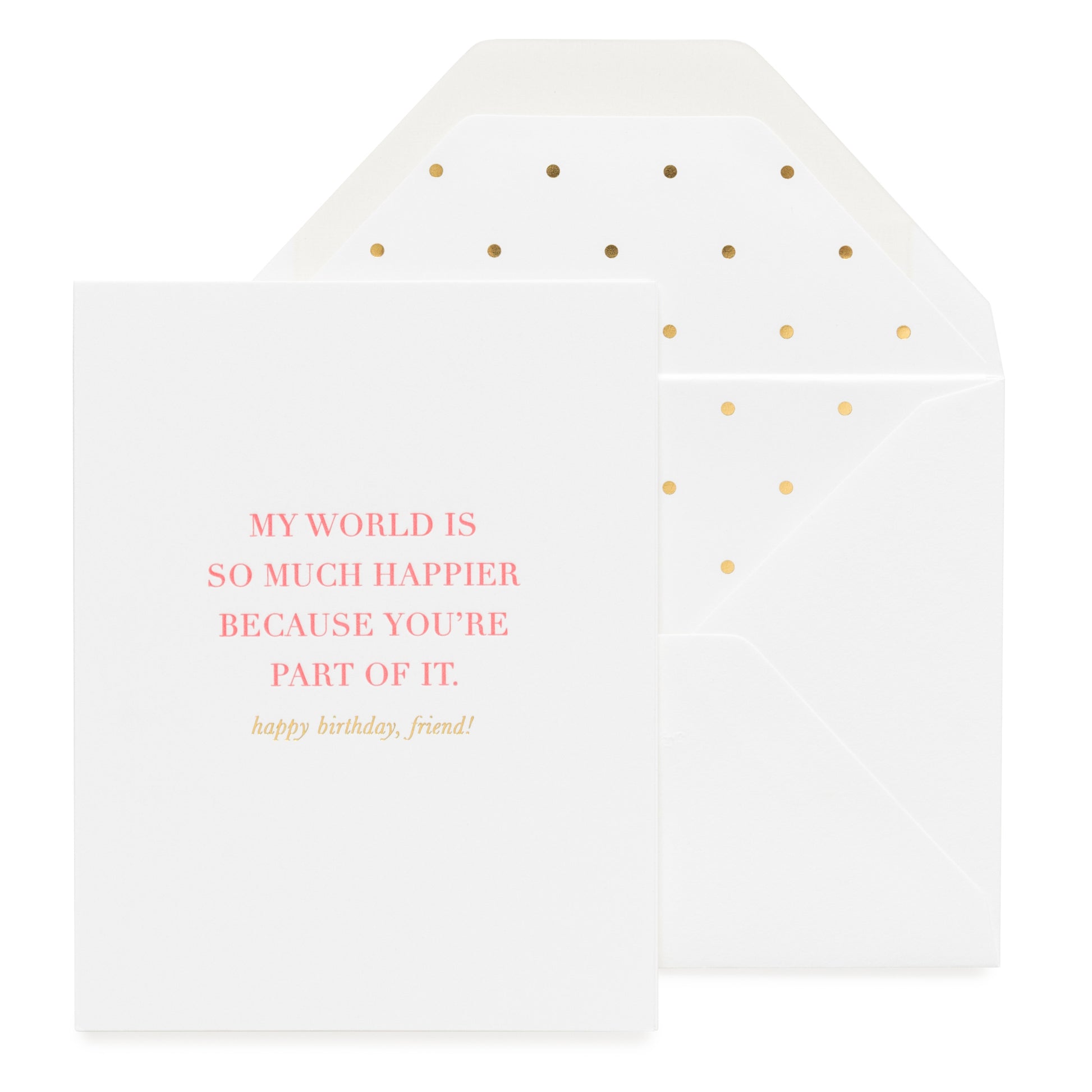 White and neon pink birthday card printed with 'my world is so much happier because you're part of it' paired with white envelope with a gold dot liner
