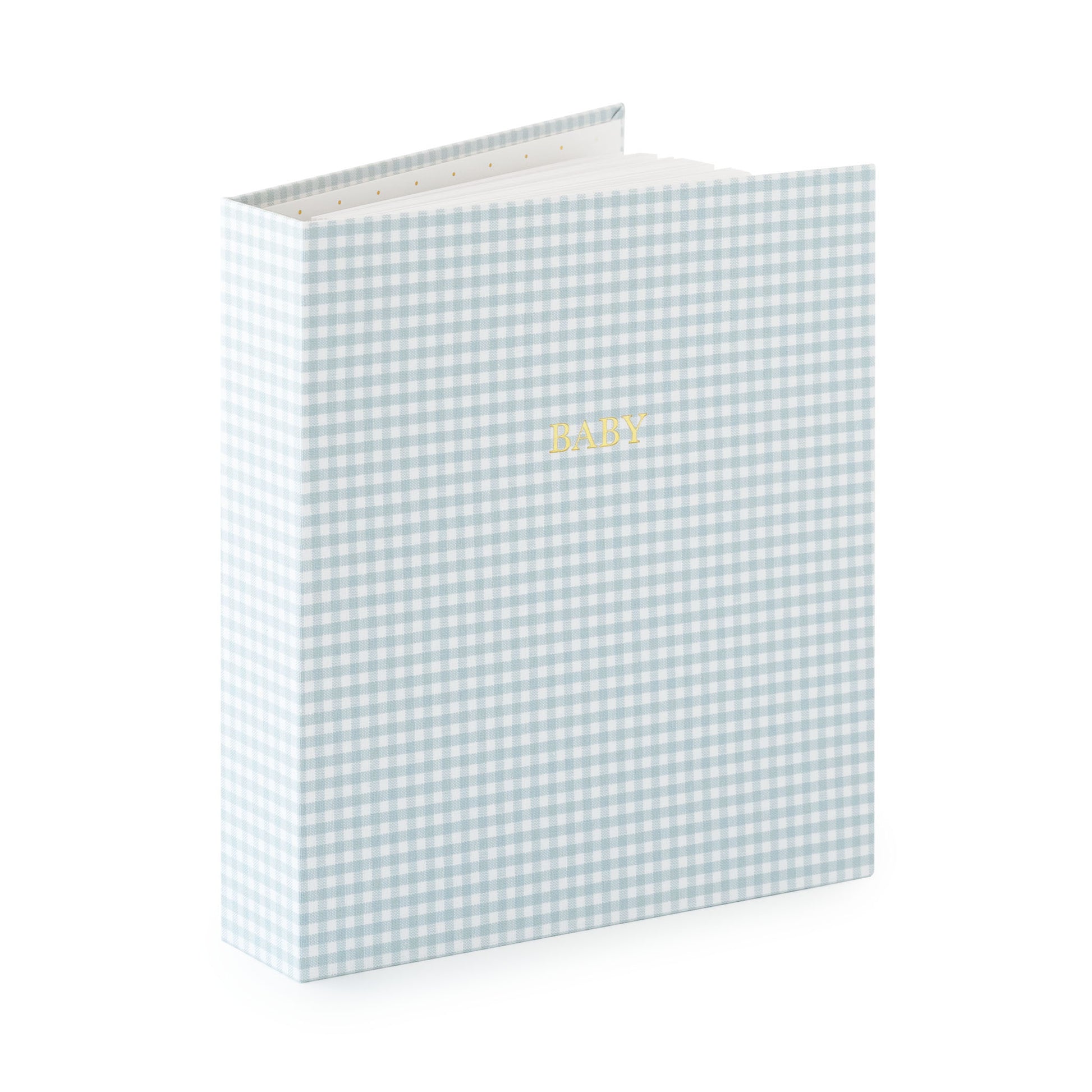 Blue and white gingham fabric bound book with gold foil 'baby' on cover