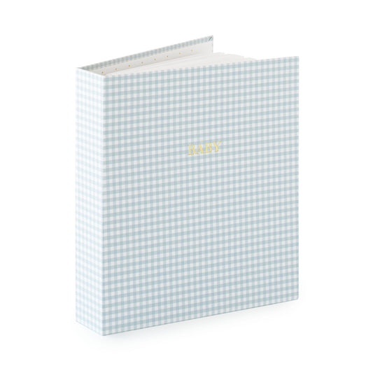Blue and white gingham fabric bound book with gold foil 'baby' on cover