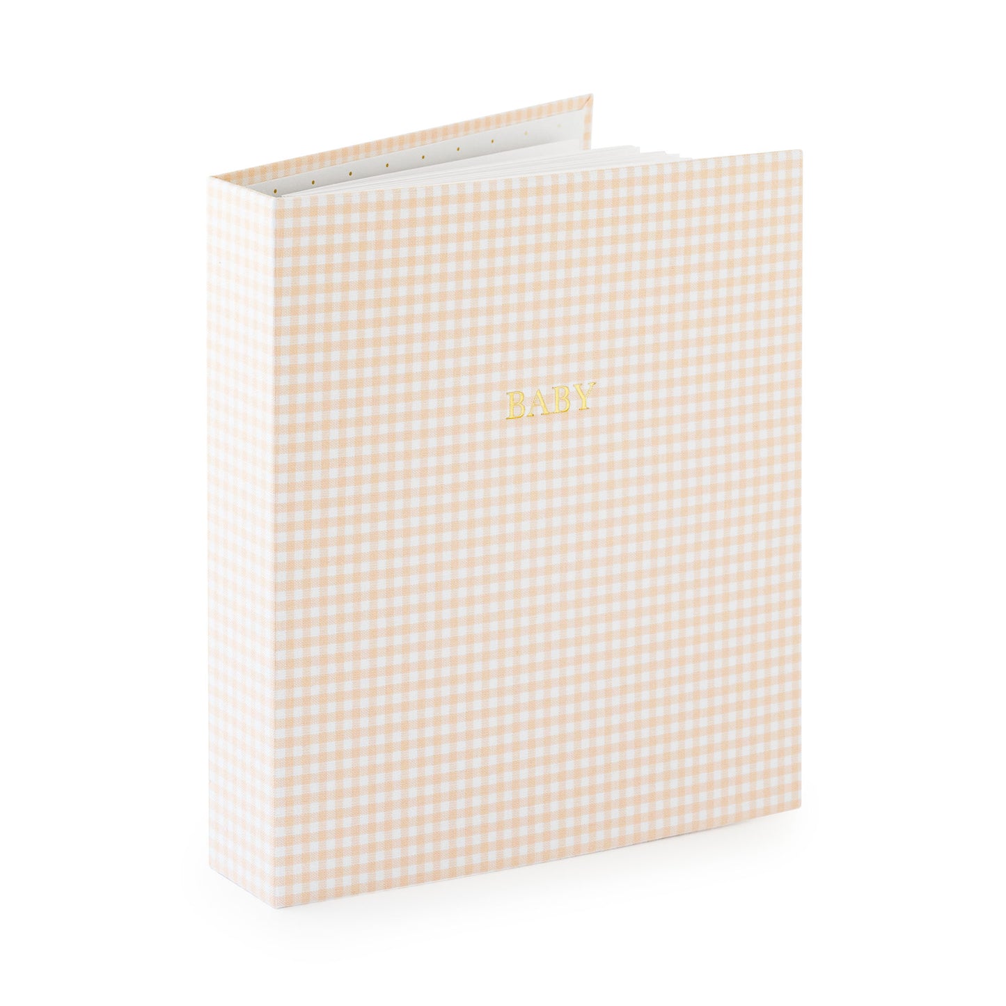 Pink and white gingham fabric bound book with gold foil 'baby'