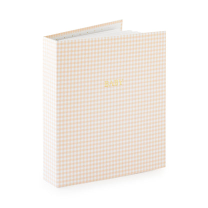 Pink and white gingham fabric bound book with gold foil 'baby'