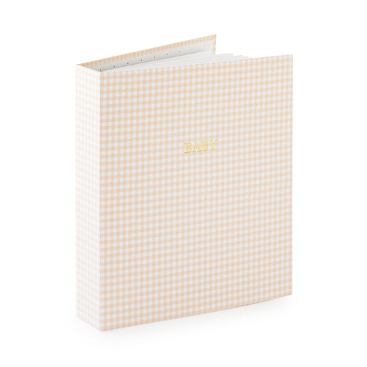 Pink and white gingham fabric bound book with gold foil 'baby'