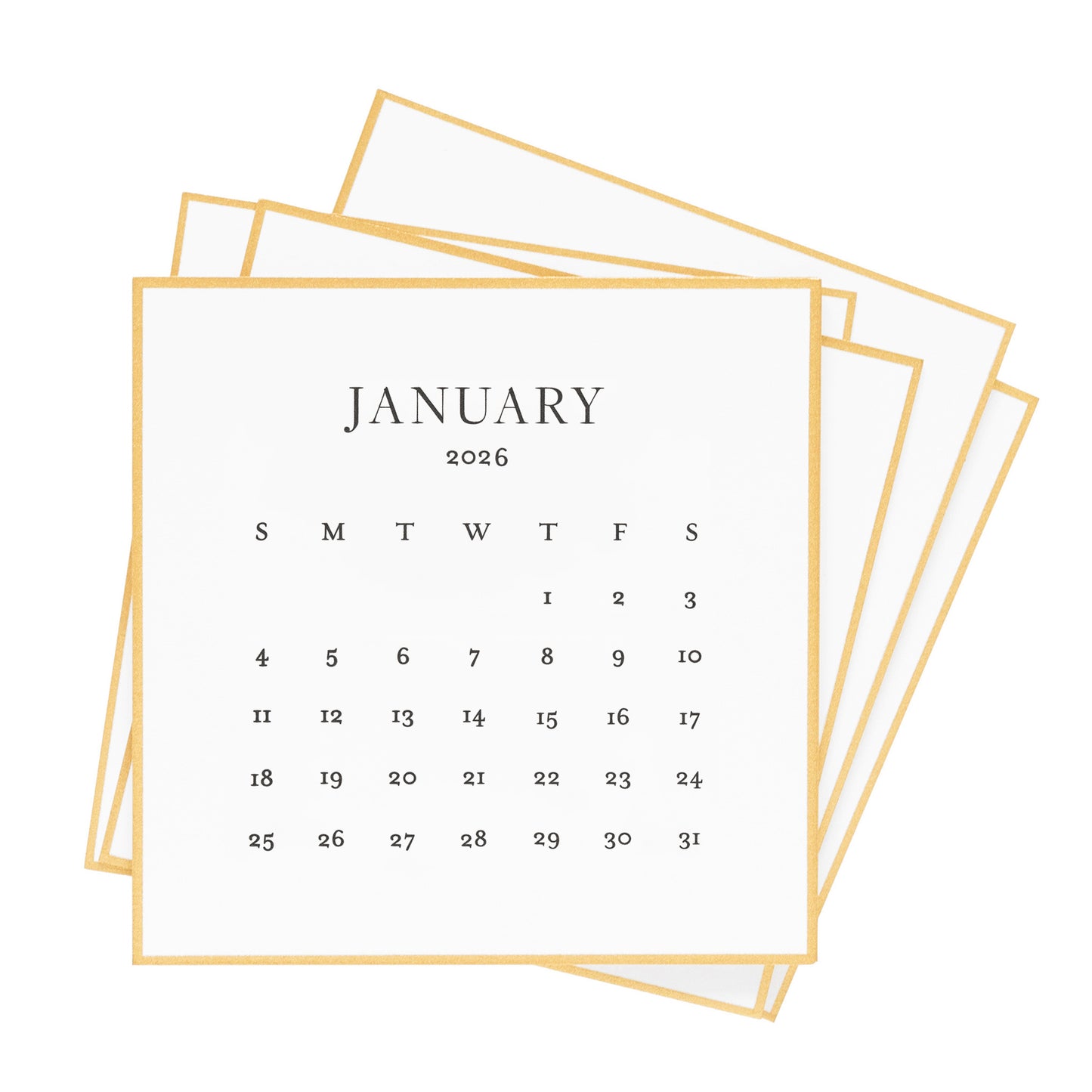 Stack of calendar cards for January 2026 with a gold border and black ink