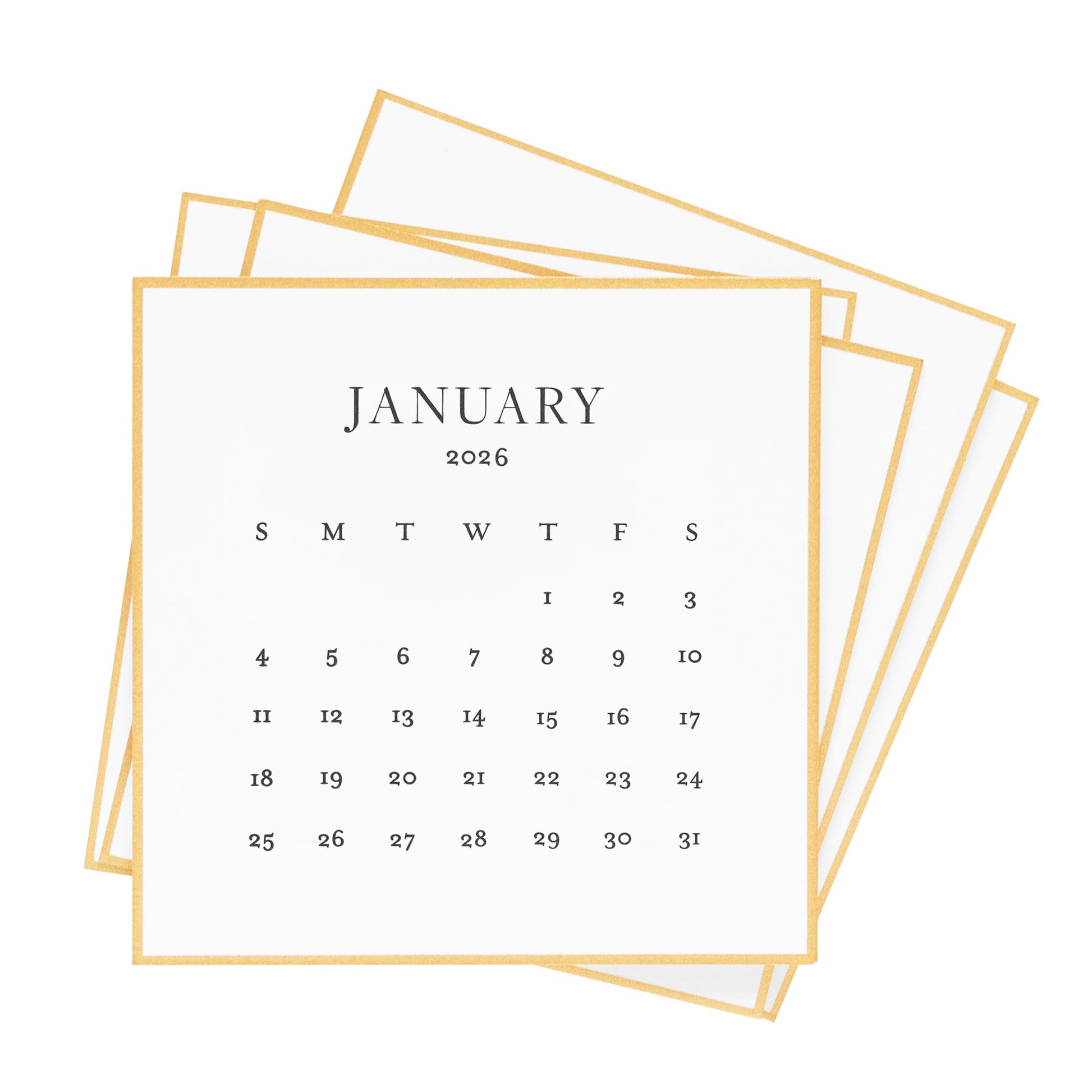 Stack of calendar cards for January 2026 with a gold border and black ink