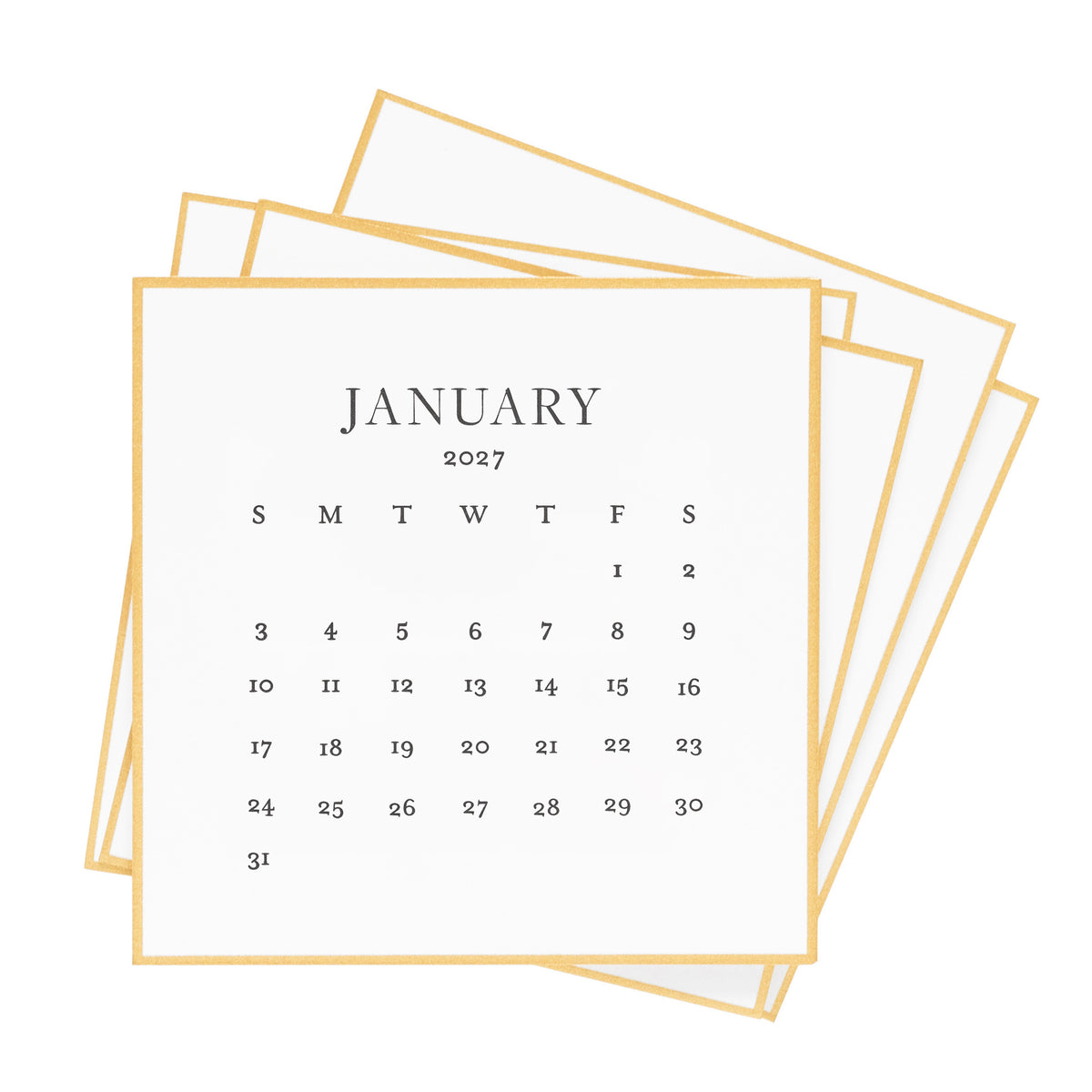A stack of 2027 calendar sheets with a gold hand painted border, and black letterpress ink printed with 'january 2027' and dates of the month