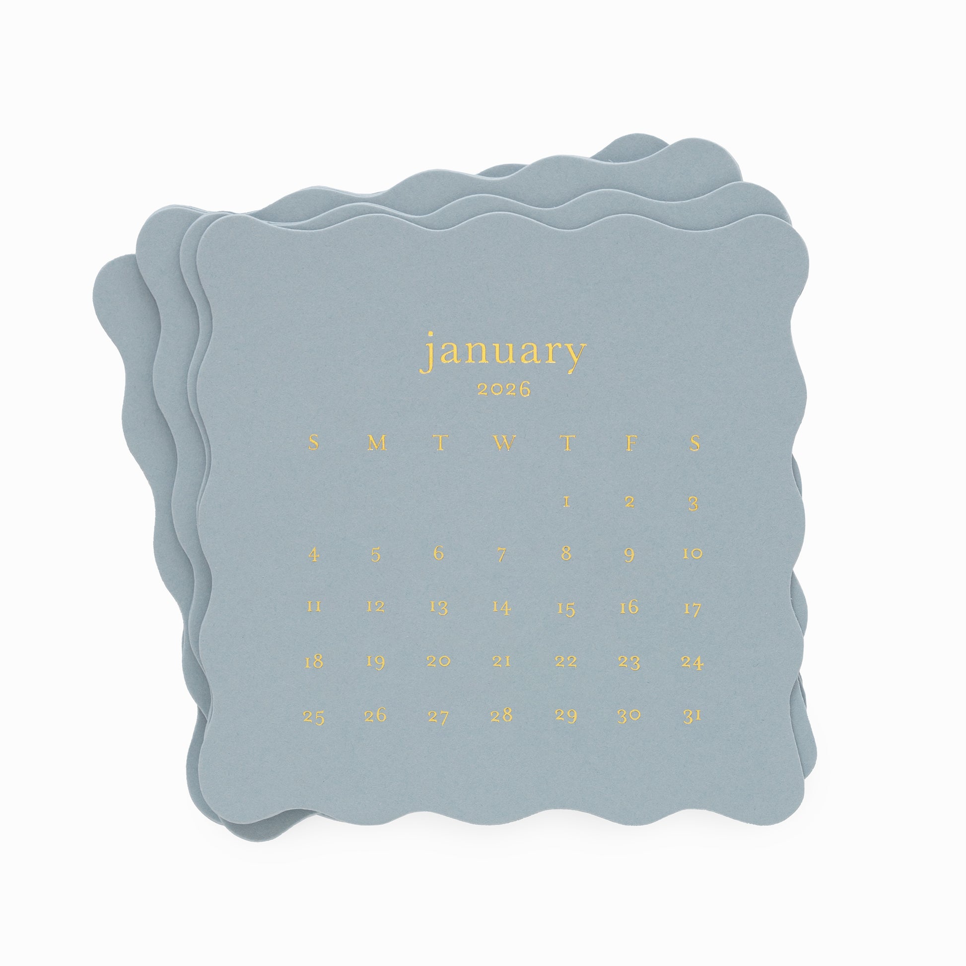 Slate blue scalloped edge calendar cards with gold foil printed january 2026 calendar