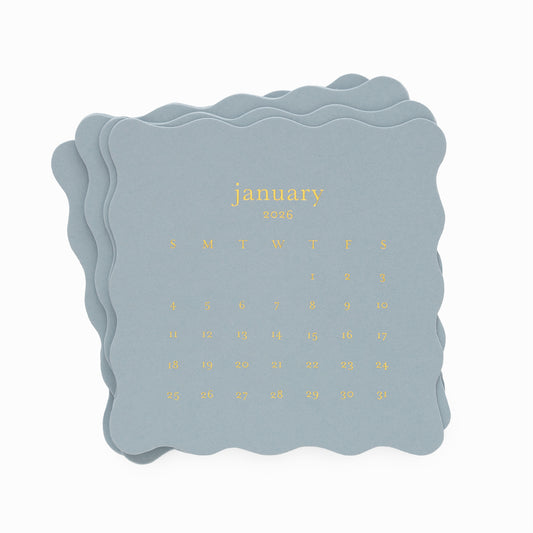 Slate blue scalloped edge calendar cards with gold foil printed january 2026 calendar