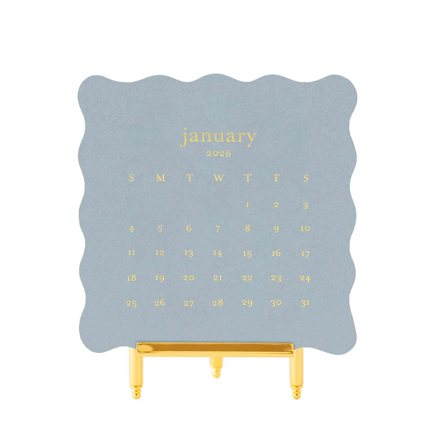 Slate blue scalloped edge calendar cards with gold foil printed january 2026 calendar}
