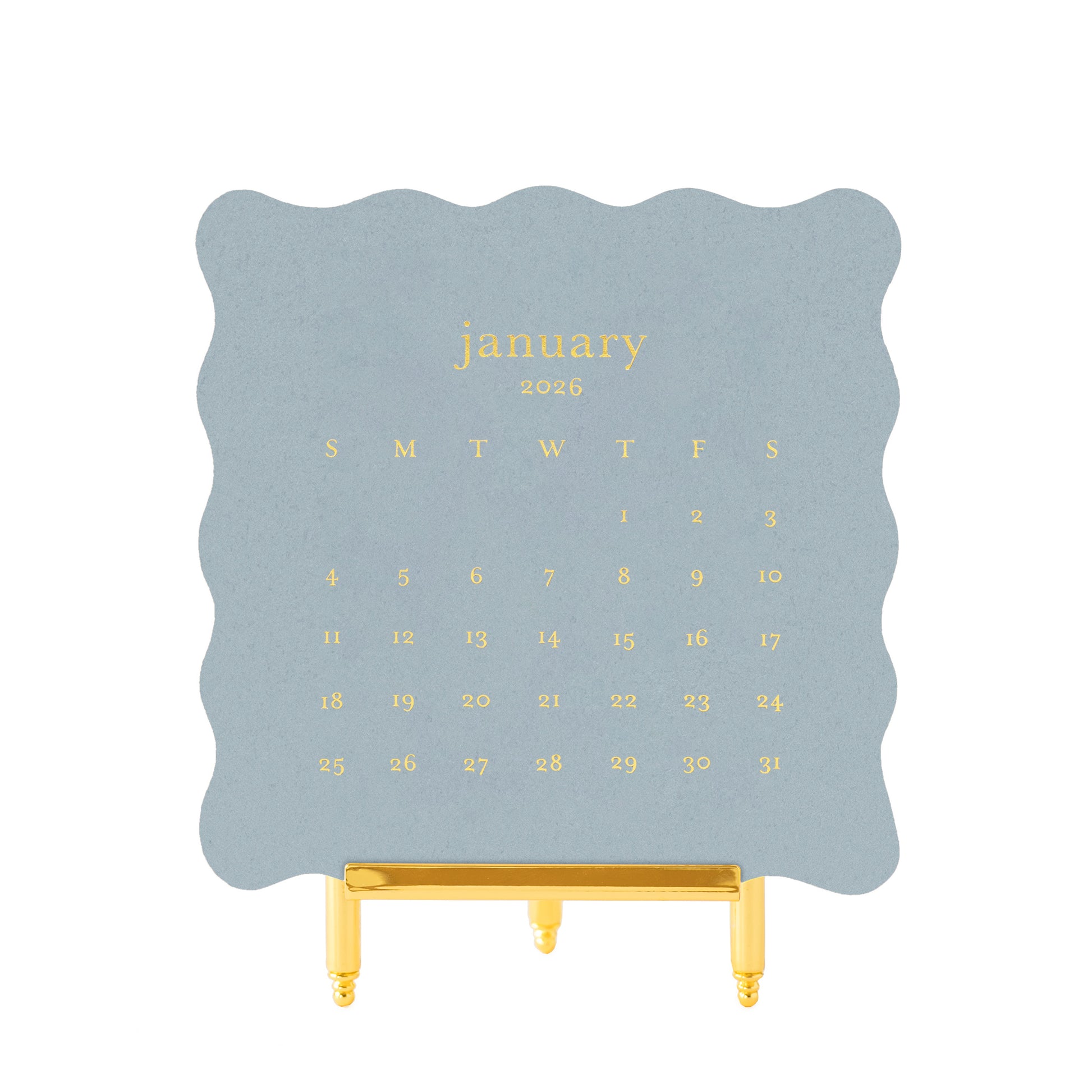 Slate blue scalloped edge calendar cards with gold foil printed january 2026 calendar