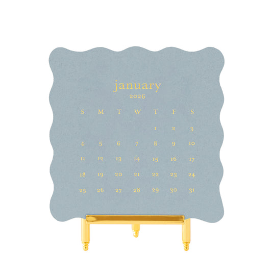 Slate blue scalloped edge calendar cards with gold foil printed january 2026 calendar